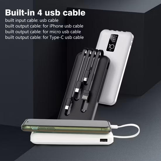 10000mAh 急速充電パワーバンク充電器、内蔵マイクロ USB/タイプ C/照明/USB 4 in 1 ケーブル、ポータブルモバイルパワーバンク